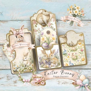 Osterhase Junk Journal Folio Pocket, Druck zu Hause, Tags, Ephemera, Fussy Schnitte, Hintergrundpapier, Frühling, Grußkarten, Geschenk für Sie