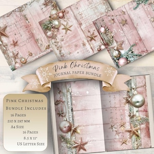 Diario d'arte natalizio rosa, pagina del diario di Natale, stampabile digitale natalizio, sfondo per album di ritagli natalizi, rosa, decorazioni