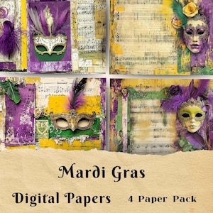 Pagine di diario spazzatura di Mardi Gras, stampabili digitali, mascherata, carta per album, carta di sfondo, collage, biglietti di auguri, carnevale, maschera