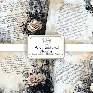Diario basura con motivos arquitectónicos, papel imprimible, papel para álbumes de recortes, papel de fondo, cartas escritas a mano antiguas, hojas de collage, motivos florales antiguos
