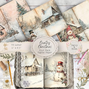 Page de carnet de voyage de Noël à la campagne, impression à la maison, scrapbooking et support, impression de papier cadeau, bonhomme de neige, chalet, scène enneigée, Darcy et rose