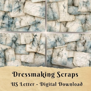 Op de afbeelding: Een verzameling papierresten met illustraties van paspoppen en handgeschreven cursief schrift in blauw- en crèmetinten. De tekst Dressmaking Scraps US Letter - Digital Download staat onderaan afgedrukt.
