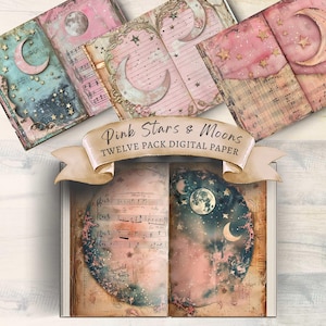 Celestial Junk Journal, Moon Star-pagina's, Moon Star Junk Journal, digitale download, Moon Star plakboek, Pink Celestial, maan, ster, roze