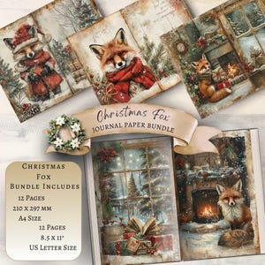 Renard de Noël, journal d'art de Noël, page de journal de Noël, Noël numérique imprimable, fond d'album de Noël, mignon, renard, cadeau, neige