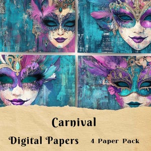 Páginas de diário de lixo de carnaval, impressão digital, baile de máscaras, papel de scrapbook, papel de fundo, colagem, cartões de felicitações, Mardi Gras, máscara