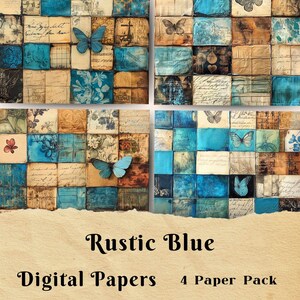 Rustikal Blau Collage, Junk Journal, Patchwork Papier, Scrapbook Papier, Grußkarten, Hintergrundpapier, Schmetterling, Braun, Türkis Blau