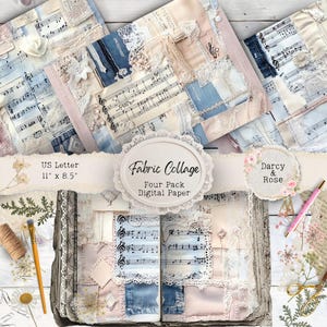 Stoff Collage Junk Journal Seite, Druck zu Hause, Scrapbook & Rückseite, Shabby Chic, Vintage Journal Seite, Rosa Blau Denim, Darcy und Rose