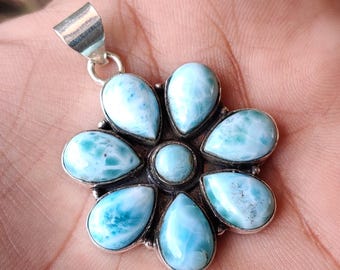 Colgante de flor de larimar: collar de plata de ley 925