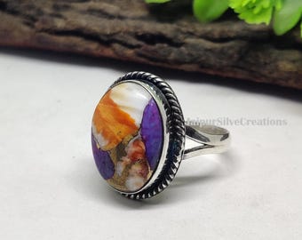 Oyster & Purple Copper Turquoise Ring, 925 Sterling Silver Statement Ring Handmade Jewelry