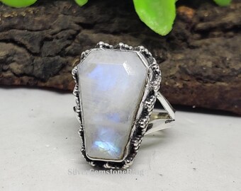 White Rainbow Moonstone Coffin Ring, Solid 925 Sterling Silver, Designer Silver Ring, Engagement Ring, Silver Jewelry, Coffin Gift Jewelry