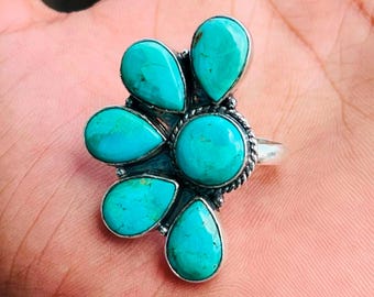 Half Flower Design Kingman Turquoise Ring Sterling Silver Handmade  Boho Statement Ring