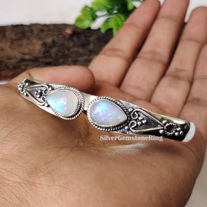 Rainbow Moonstone Bangle: Adjustable Bangle, 925 Sterling Silver, Handcrafted Jewelry