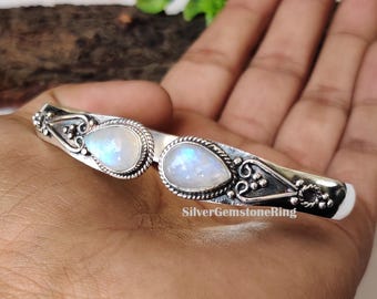 Regenbogen Mondstein Armreif: Verstellbarer Armreif, 925 Sterling Silber, handgefertigter Schmuck