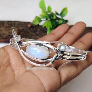 Rainbow Moonstone Bangle: 925 Sterling Silver Boho Jewelry, Adjustable Bangle