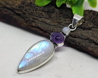 Colgante de amatista y piedra lunar: collar de plata de ley 925 con piedras preciosas.