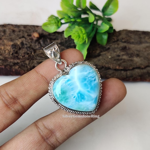 Larimar Heart Pendant: 925 Sterling Silver Pendent, Handmade Necklace, Unisex Jewelry