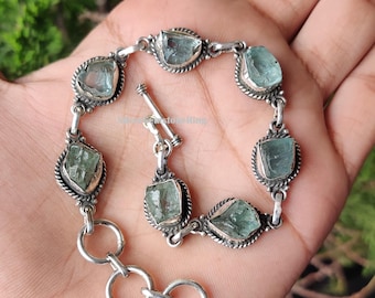 Raw Aquamarine Bracelet: 925 Sterling Silver Adjustable Boho Jewelry