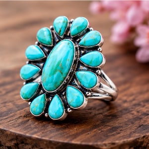 Blommig Kingman Turkos Statement-ring Sterlingsilversmycken Handgjord Bohemisk ring Present till henne