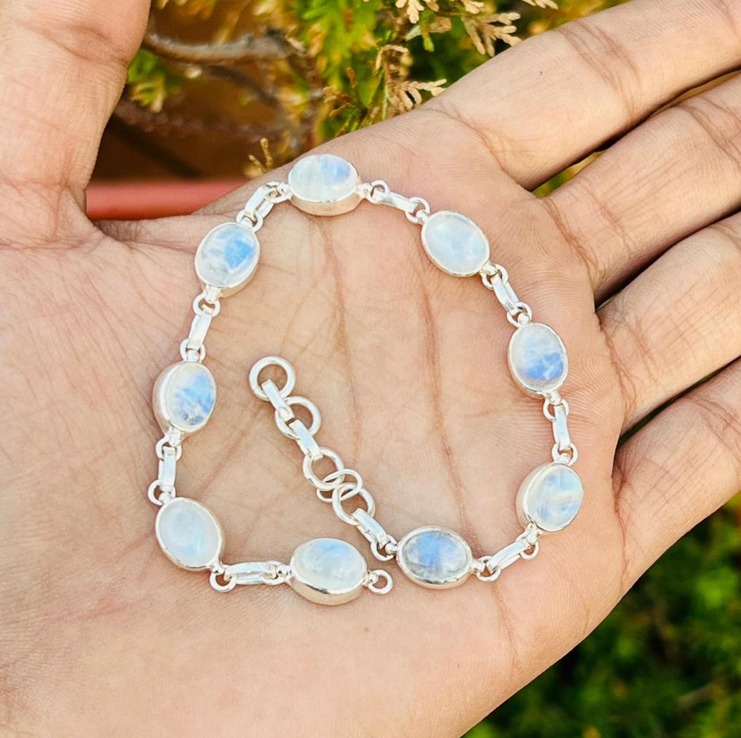 Rainbow Moonstone Bracelet, 925 Sterling Silver, Adjustable