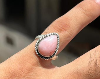Pink Opal Ring, 925 Sterling Silver: Handmade Oval Gemstone, Dainty Statement Jewelry