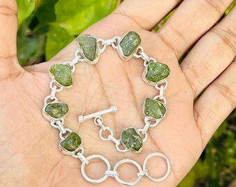 Raw Peridot Bracelet, Solid 925 Sterling Silver, Handmade Bracelet