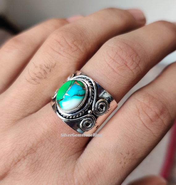 Green Dahlia Turquoise Ring: Handmade Jewelry, 925 Sterling Silver