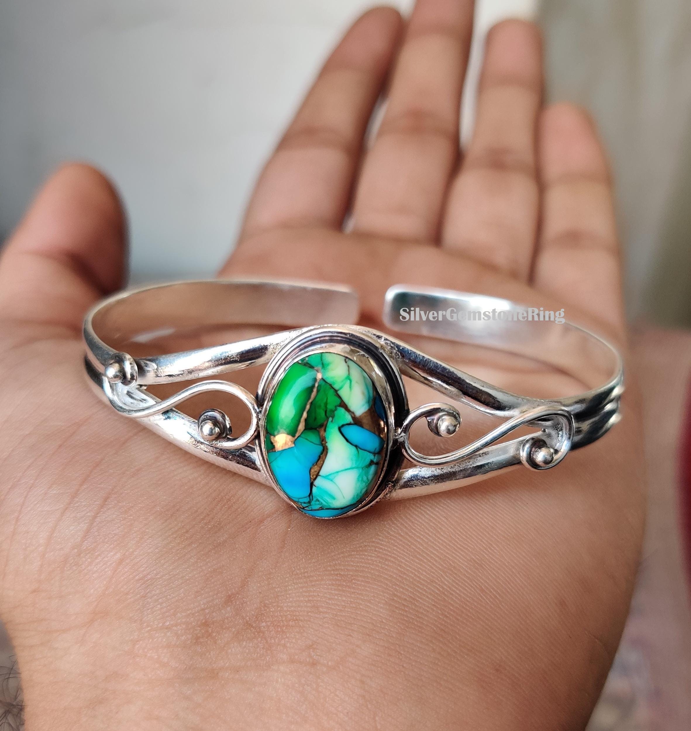Awesome Green Dahlia Turquoise Bangle, 925 Sterling Silver