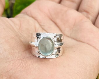 Hammered Aquamarine Ring Wide Band, 925 Sterling Silver Statement Ring, Ocean March Birthstone Jewelry