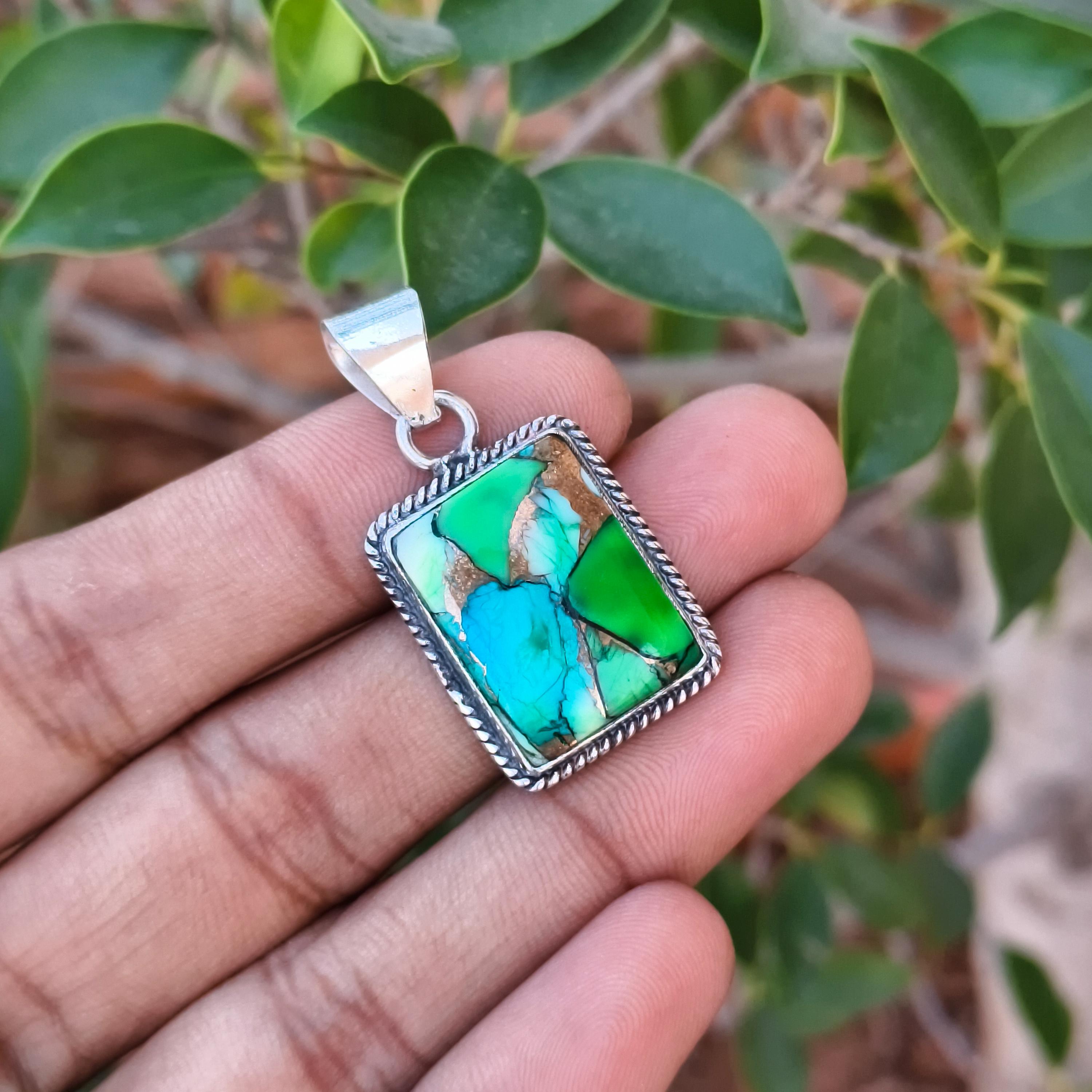Peacock Dahlia Turquoise Pendant, 925 Sterling Silver, Handmade