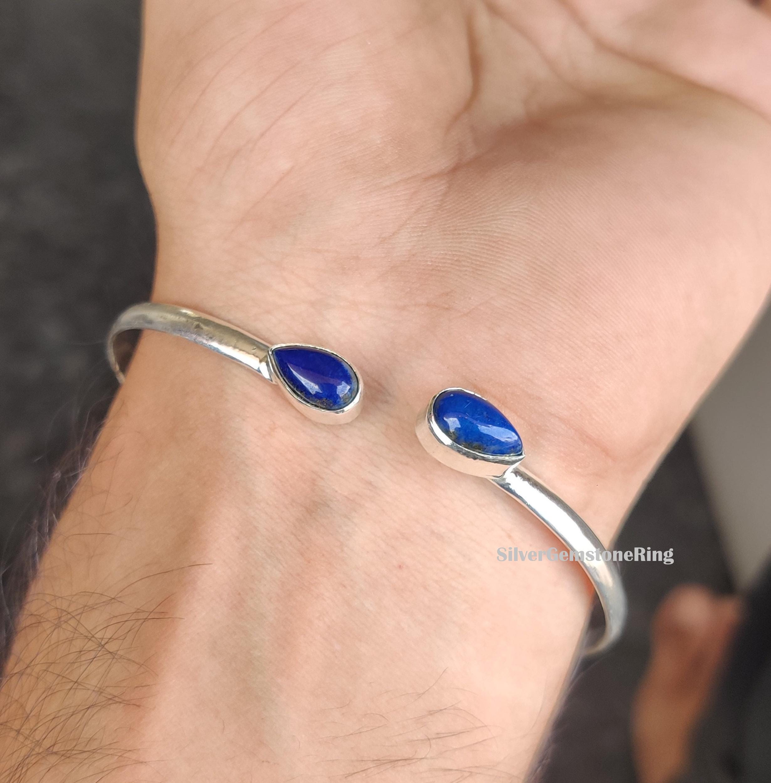 ラピスラズリのバングル、925スターリングシルバーのバングル：手作り 