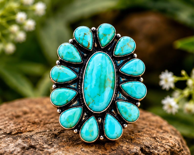 Puede incluir: Un anillo de plata con una gran piedra turquesa ovalada central rodeada por doce piedras turquesas m&aacute;s peque&ntilde;as en forma de l&aacute;grima. El engaste de metal tiene un acabado oscuro y oxidado entre las piedras, creando un dise&ntilde;o floral de alto contraste.