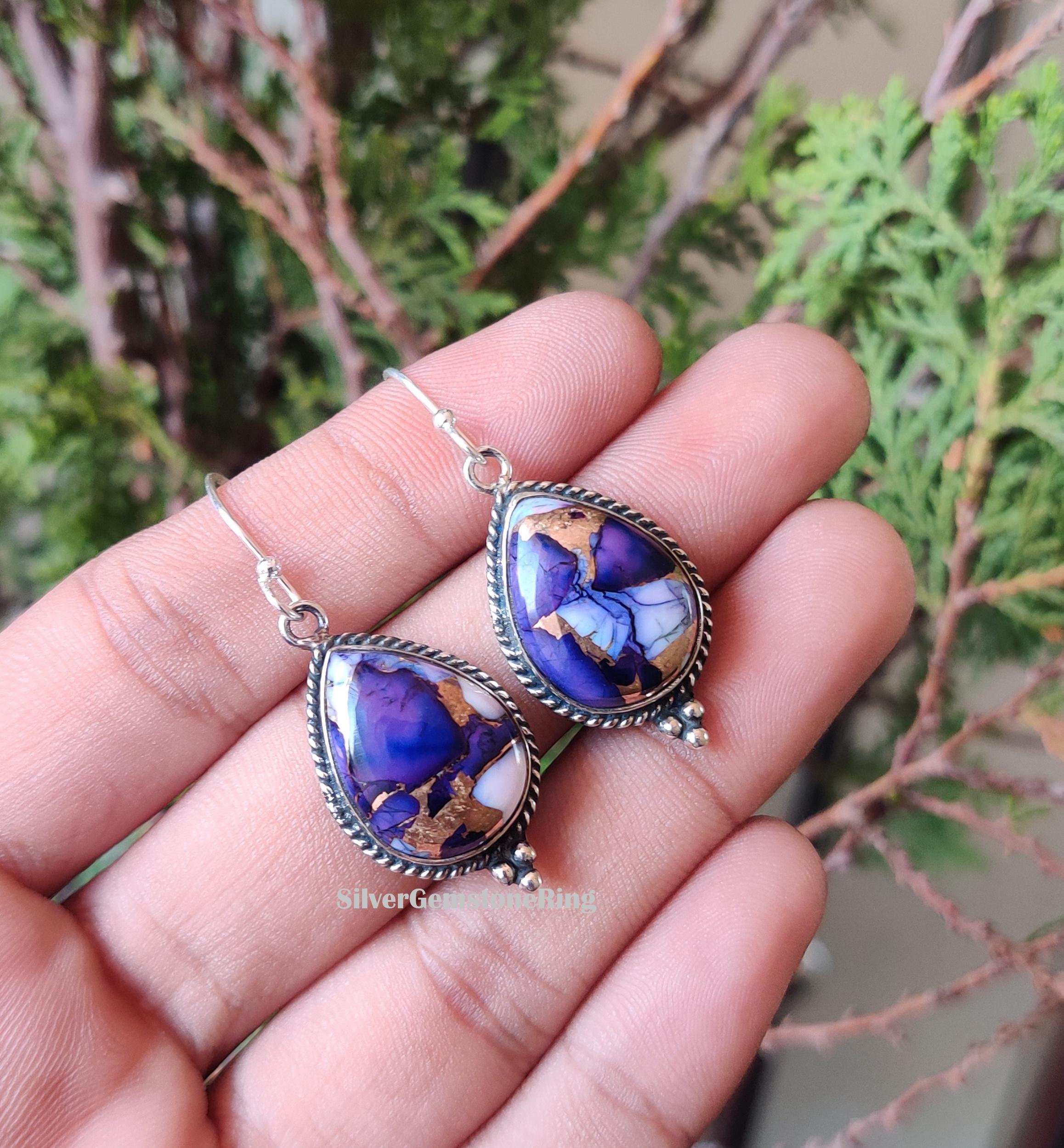 Purple Dahlia Turquoise Earrings: Handmade 925 Sterling Silver