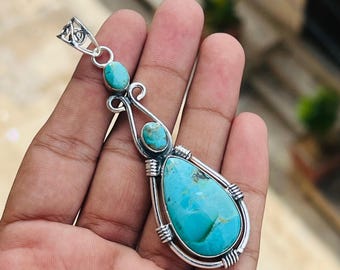 Colgante Kingman de turquesa, plata de ley 925, hecho a mano, joyería bohemia, regalo para ella.