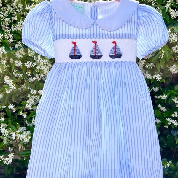 Sailboat English Handsmocked Embroidered Summer Dress for toddlers,cotton pinstripe blue collared toddlers dress ,Easter Girls dress