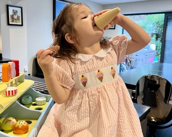 Vestido de niñas de primavera de verano bordado a mano con helado, vestido de cuello para niños pequeños de color rosa a rayas de algodón, vestido de niño de Pascua