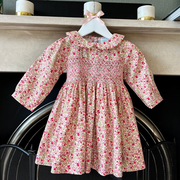 Handsmocked Embroidered Red n Pink Floral Cotton Toddler Dress,Vintage, Victorian Dress,Spring Summer Girl Dress, Easter’s Toddlers Dress