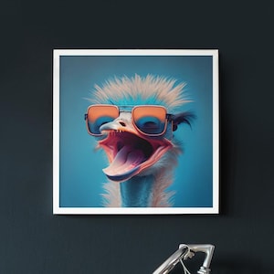 Funky Ostrich Wall Art Print – Cool Ostrich with Sunglasses | Funny Animal Poster | Quirky AI Art for Home Decor