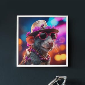 ファンキーなネズミのウォールアートプリント – サングラスと帽子をかぶったクールなネズミ | おもしろ動物ポスター | 個性的なAIアートでお部屋を彩る