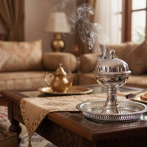 May include: A silver incense burner with a decorative lid, emitting wisps of smoke. A gold teapot and tray sit nearby on a wooden table. The scene evokes a sense of relaxation and tranquility, with a focus on home fragrance and decor.
