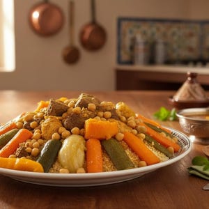May include: A colorful plate of couscous with vegetables, chickpeas, and meat. The dish includes orange carrots, green zucchini, and yellow squash. A small bowl of soup and two tagines are in the background, suggesting a Middle Eastern or North African cuisine.