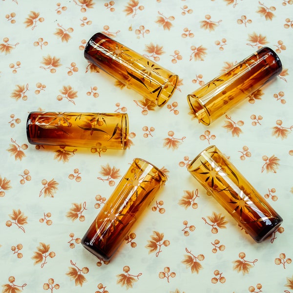 verres ambrés vintage avec gravure florale, lot de 5 verres anciens années 60, décoration vintage, décoration automne.Déco Hygge