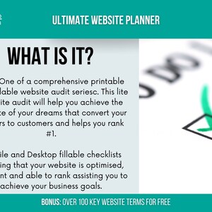 May include: A green checkmark is drawn in a box on a white checklist. The text "ULTIMATE WEBSITE PLANNER" is at the top of the image. The text "WHAT IS IT?" is in a large font. The text below describes a website audit checklist that helps you achieve your business goals.