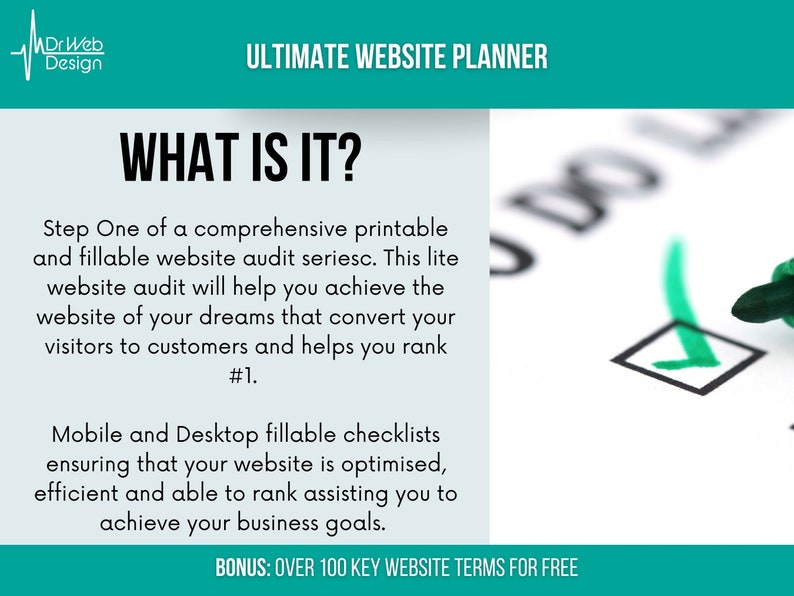 May include: A green checkmark is drawn in a box on a white checklist. The text "ULTIMATE WEBSITE PLANNER" is at the top of the image. The text "WHAT IS IT?" is in a large font. The text below describes a website audit checklist that helps you achieve your business goals.