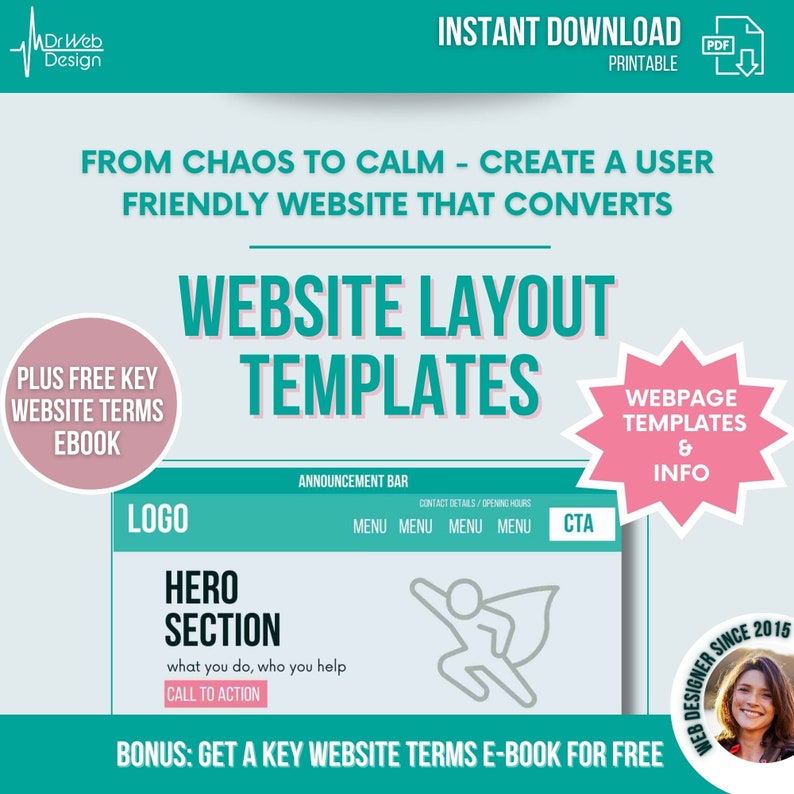 Op de afbeelding: Een turquoise en roze afbeelding met de tekst "Website-lay-out-sjablonen" en "Van chaos naar rust - Cre&euml;er een gebruiksvriendelijke website die converteert". De afbeelding bevat ook een gratis e-boekaanbieding voor "Belangrijkste websitetermen".