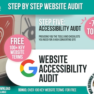 May include: A teal and white graphic promoting a website accessibility audit. The image includes the text "STEP BY STEP WEBSITE AUDIT", "WEBSITE ACCESSIBILITY AUDIT", and "FREE 100+ KEY WEBSITE TERMS". A pink circle says "-70% TODAY!"