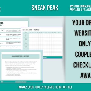 May include: A teal and white checklist with the text "Your Dream Website is Only a Couple of Checklists Away" and "Bonus: Over 100 Key Website Terms for Free". The checklist is titled "Lite Site Audit - Desktop" and includes a list of steps for SEO, design, user experience, accessibility, and CRO.