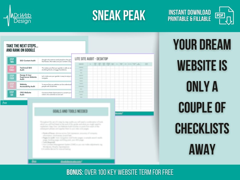 May include: A teal and white checklist with the text "Your Dream Website is Only a Couple of Checklists Away" and "Bonus: Over 100 Key Website Terms for Free". The checklist is titled "Lite Site Audit - Desktop" and includes a list of steps for SEO, design, user experience, accessibility, and CRO.