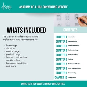Op de afbeelding: Een groene en witte grafiek met de tekst "Anatomie van een website met hoge conversie" en "Wat is inbegrepen" met een lijst van websitepagina's, waaronder homepage, over ons, servicepagina, productpagina, kop- en voetteksten, cookiebeleid, algemene voorwaarden en meer. De grafiek bevat ook een lijst met hoofdstukken over de inhoud van de websitepagina, waaronder Inleiding, De startpagina, De over mij-pagina, De servicepagina, De productpagina, De blog, De kop- en voettekst, Algemene voorwaarden, Privacybeleid en Cookiebeleid.