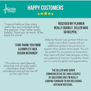 May include: A collage of customer testimonials about a website planner. The testimonials highlight the planner's helpfulness, ease of use, and comprehensiveness. The text includes phrases like "received my planner really quickly", "a big thank you from a complete web design beginner", and "the seller was super communicative".