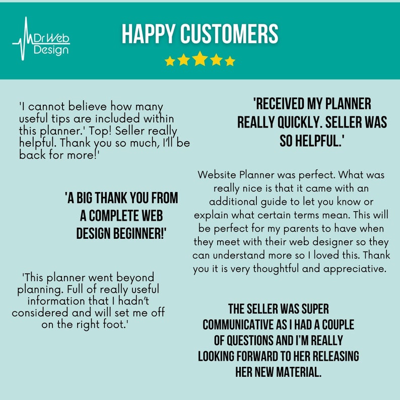 May include: A collage of customer testimonials about a website planner. The testimonials highlight the planner's helpfulness, ease of use, and comprehensiveness. The text includes phrases like "received my planner really quickly", "a big thank you from a complete web design beginner", and "the seller was super communicative".